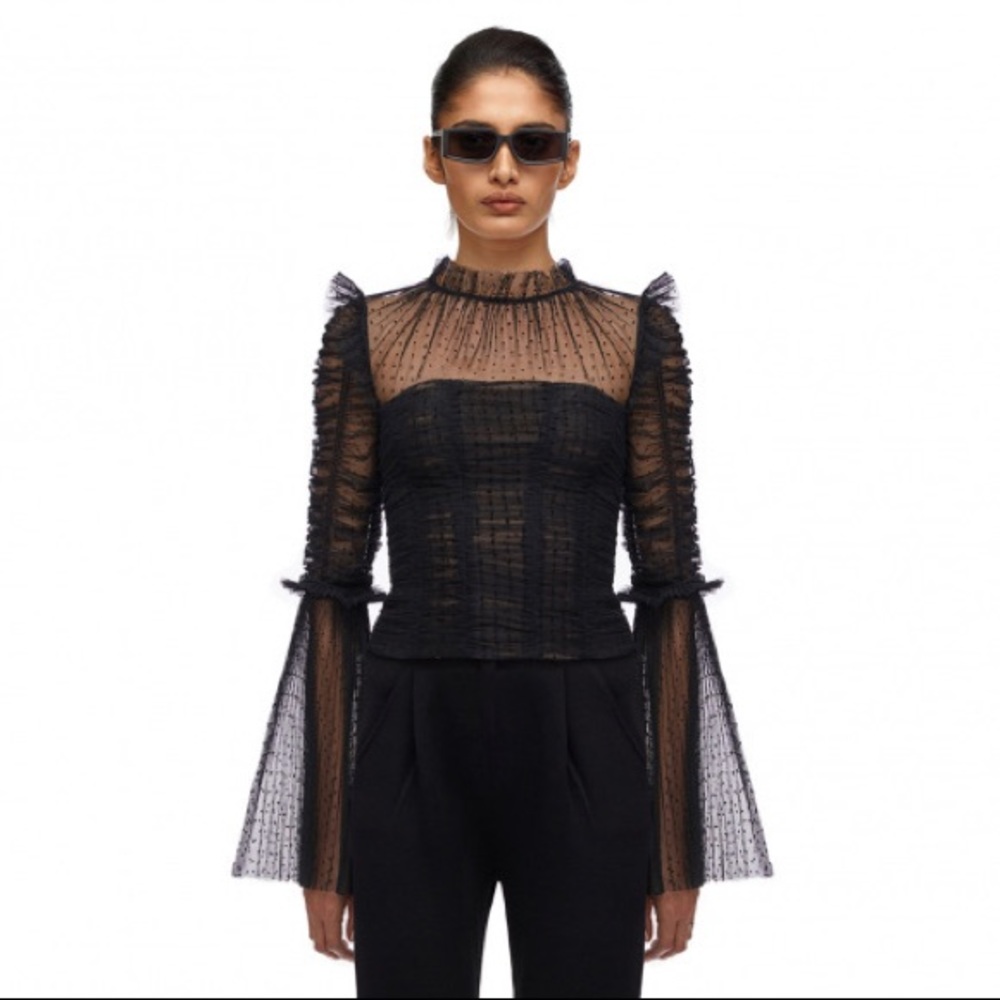 Dot Mesh Angel Sleeve Black Top